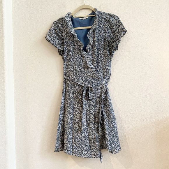 Madewell Womens Ruffle Edge Silk Wrap Dress Size M Bitsy Ditsy Floral Blue Lined - Picture 5 of 14